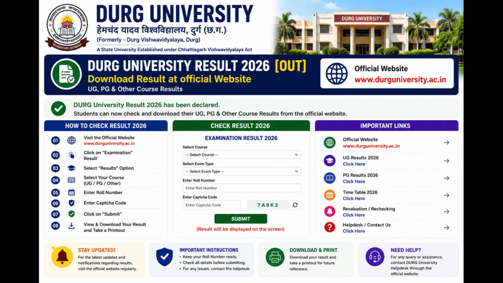 DURG University Result 2026 [OUT] Download Result at official Website @durguniversity.ac.in