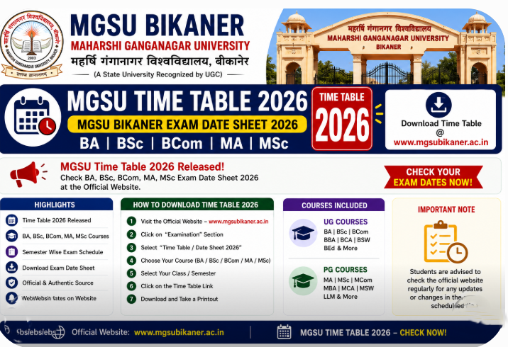 MGSU Time Table 2026 | MGSU Bikaner BA BSc BCom MA MSc Exam Date Sheet 2026